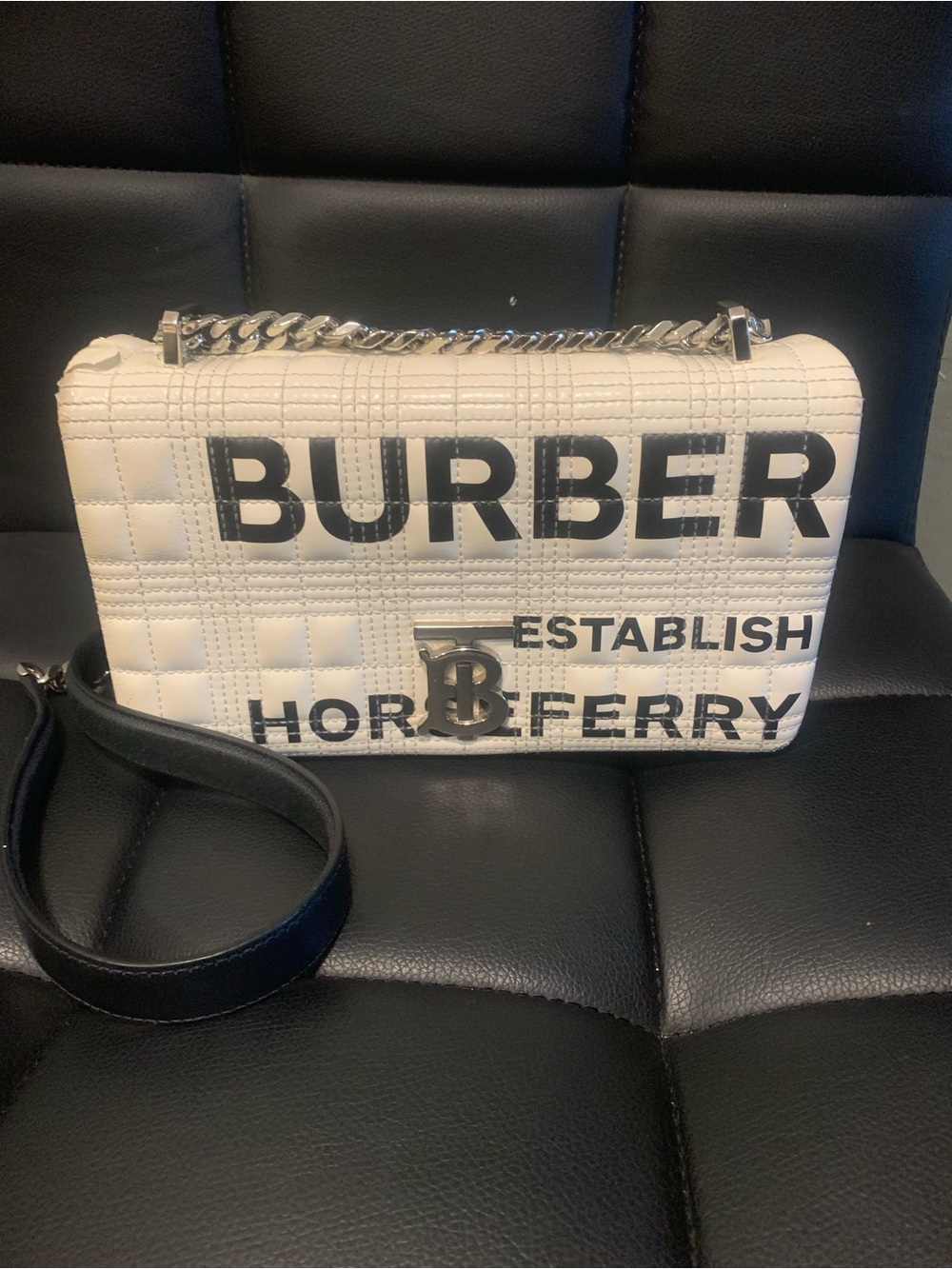 Authentic Burberry White Quilted Logo Shoulder Bag with Silver Chain